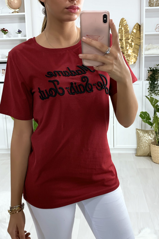 Tee-shirt long rouge en coton avec écriture Madame Je-Sais-Tout - 3