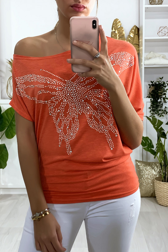 Tee-shirt trapèze rouge avec motif papillon en strass - 2