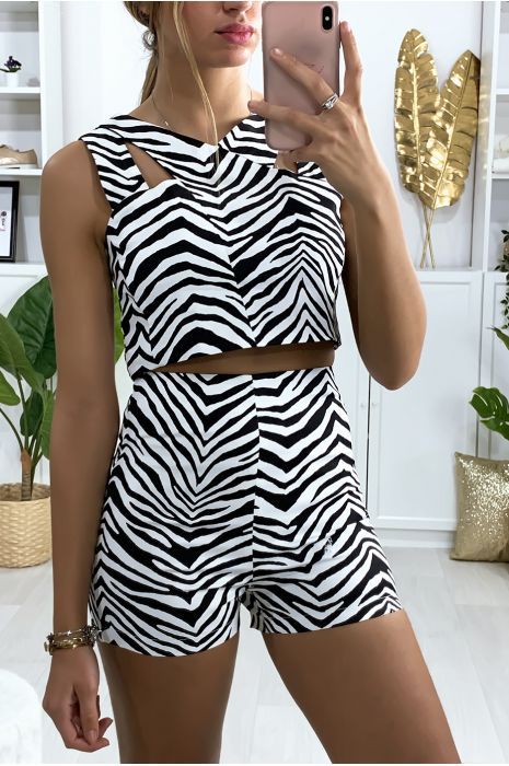 Ensemble top et short à rayures en noir - 2