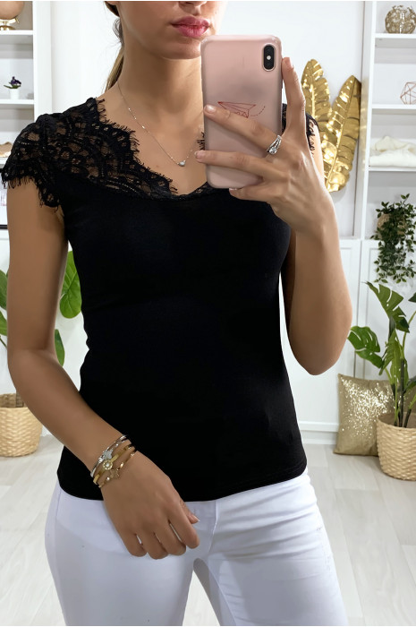 Haut en lycra noir avec dentelle au buste - 1