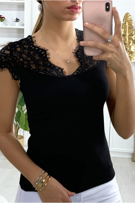 Haut en lycra noir avec dentelle au buste - 3