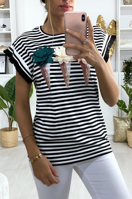 Black and white sailor t-shirt with ice cream pattern - 1
