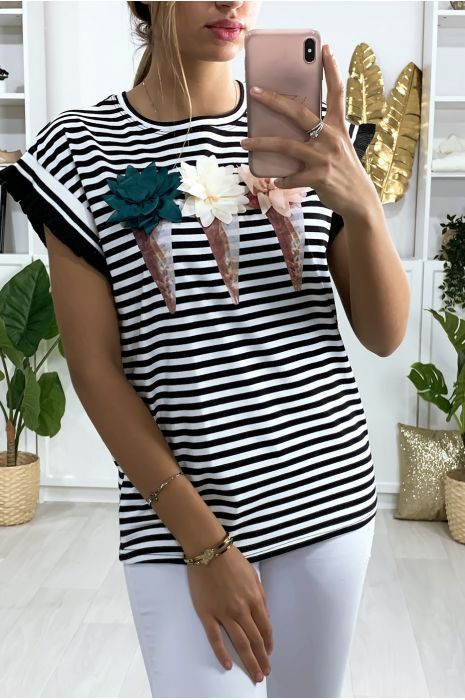 Black and white sailor t-shirt with ice cream pattern - 3