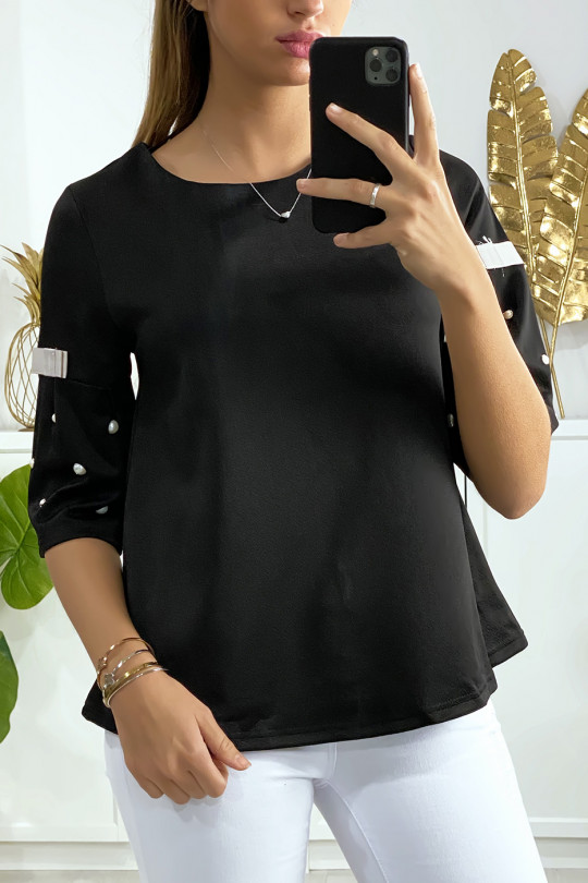 Zwarte blouse 3/4 mouw met parel en zwart lint op de mouwen en rug - 2