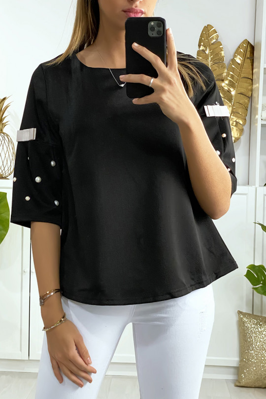Zwarte blouse 3/4 mouw met parel en zwart lint op de mouwen en rug - 1
