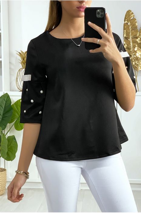 Zwarte blouse 3/4 mouw met parel en zwart lint op de mouwen en rug - 3