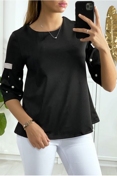 Black blouse 3/4 sleeve with pearl and black ribbon on the sleeves and back - 4