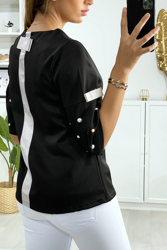 Zwarte blouse 3/4 mouw met parel en zwart lint op de mouwen en rug - 5