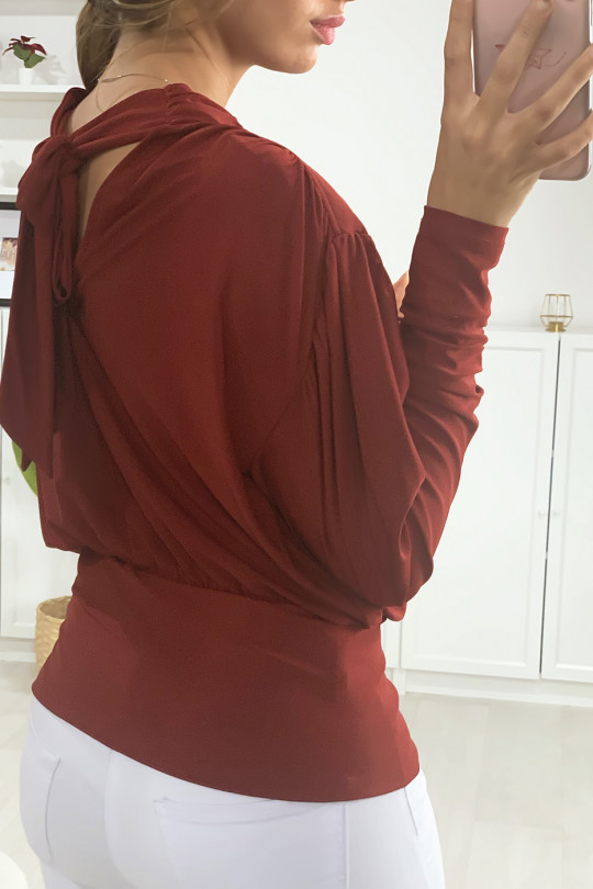 Burgundy gathered blouse with bow on the back - 4