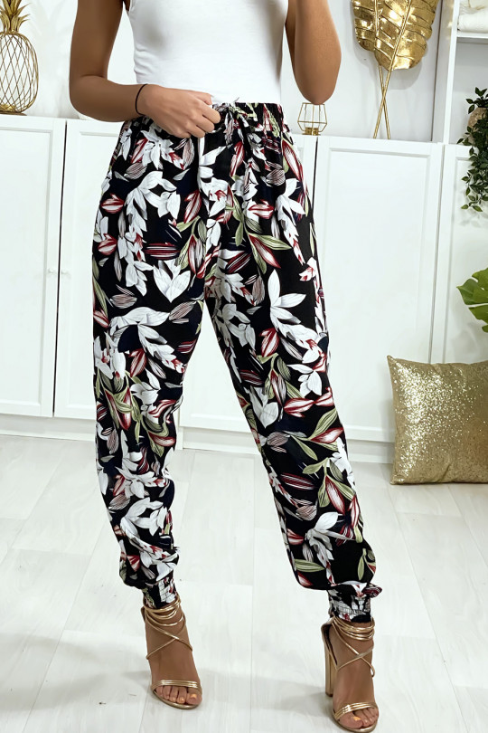 Pantalon fluide noir motif fleuris elastique aux chevilles avec poches - 2