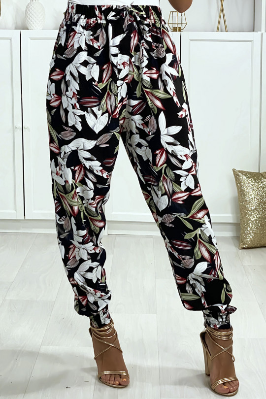 Pantalon fluide noir motif fleuris elastique aux chevilles avec poches - 3