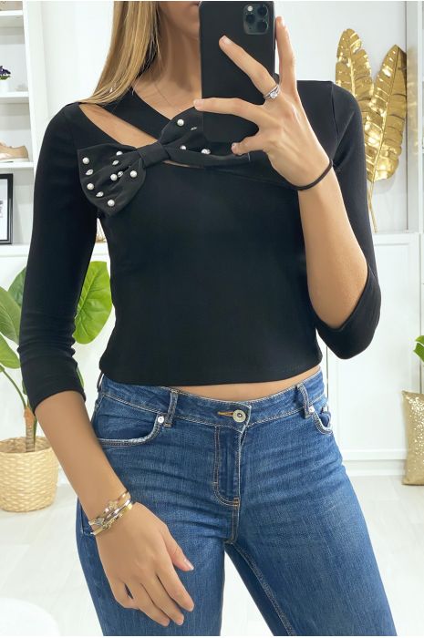 Black top open to the bust with butterfly and pearl - 1