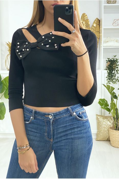 Black top open to the bust with butterfly and pearl - 4