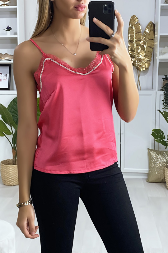 Satin tank top in fuchsia with lace and rhinestones around the edges - 2