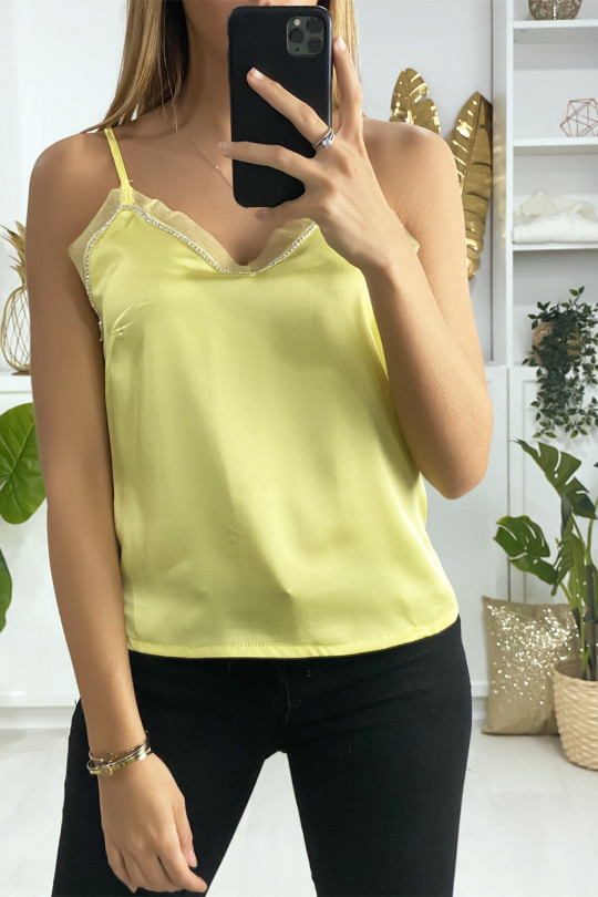 Satin tank top in yellow with lace and rhinestones around - 2