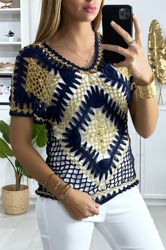 Navy and gold embroidered style top - 3