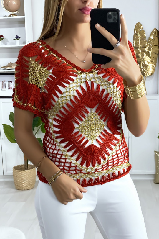 Red and gold embroidered style top - 3