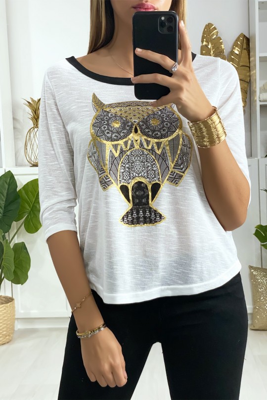 Wit t-shirt met faraonisch patroon in goud met strik op de achterkant - 1