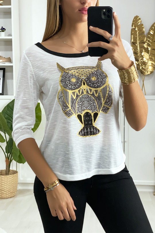 Wit t-shirt met faraonisch patroon in goud met strik op de achterkant - 2