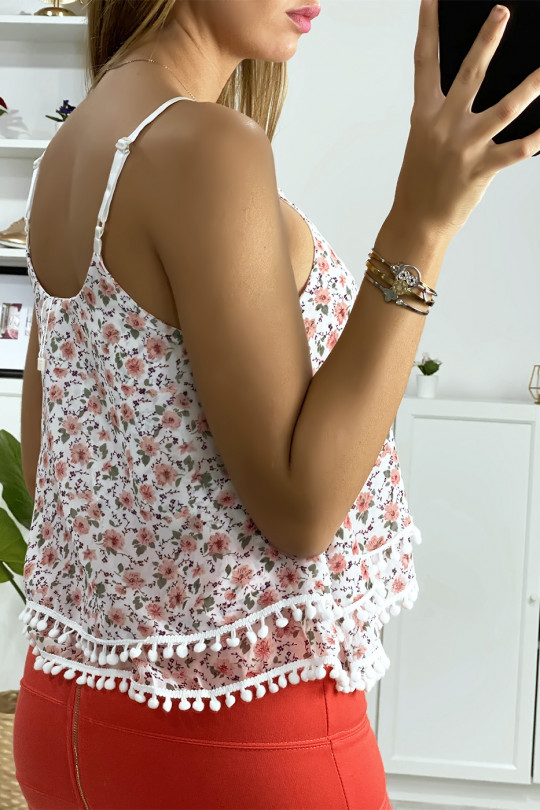 White ruffled tank top with liberty pattern and mini pompom - 4