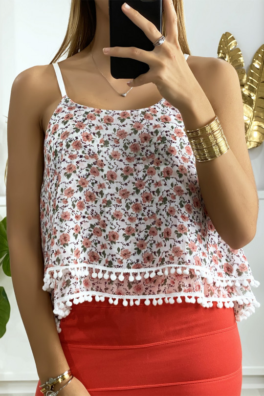 White ruffled tank top with liberty pattern and mini pompom - 3
