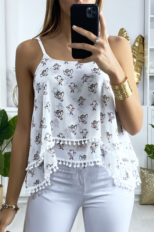 White ruffled tank top with bird motif and mini pompom - 1