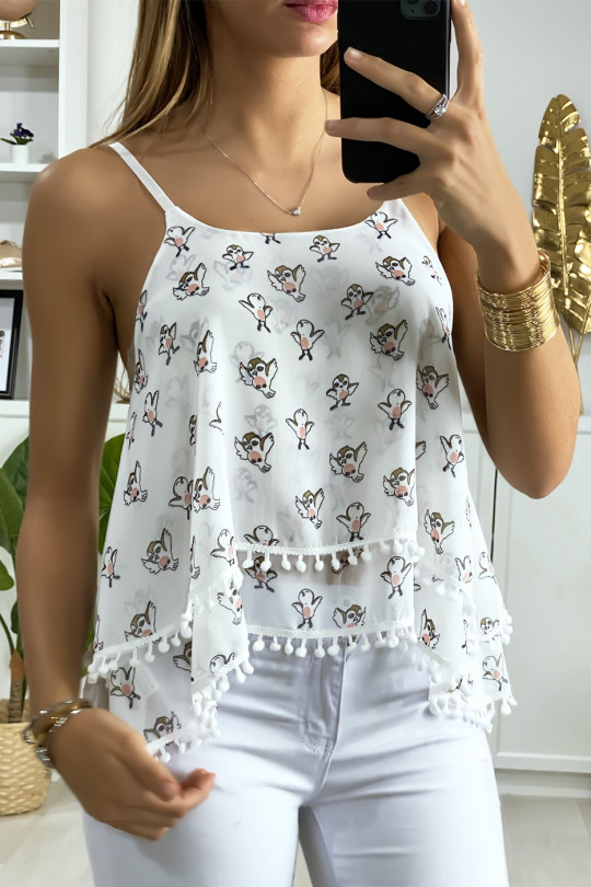 White ruffled tank top with bird motif and mini pompom - 2