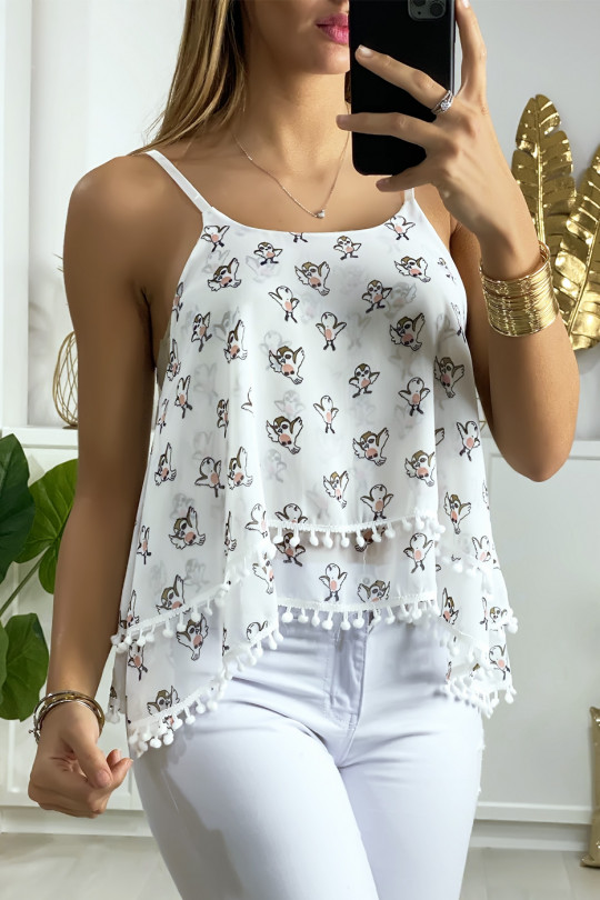 White ruffled tank top with bird motif and mini pompom - 3