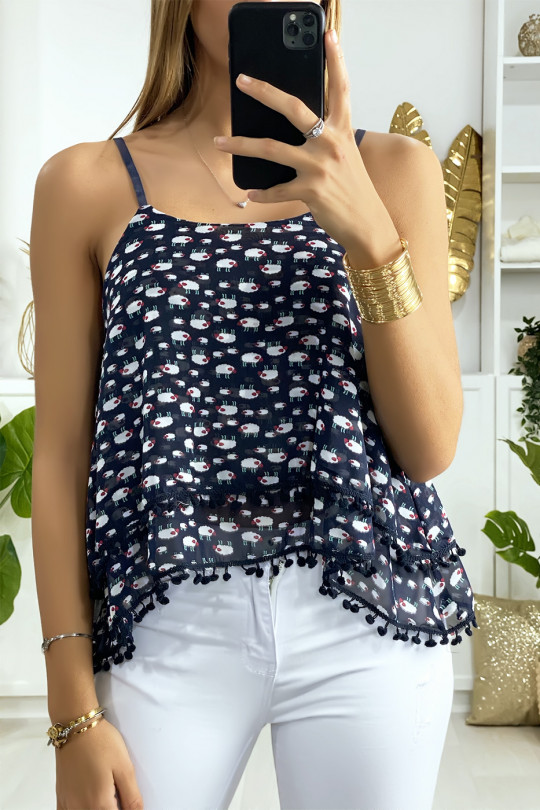 Navy ruffled tank top with pattern and mini pompom - 2