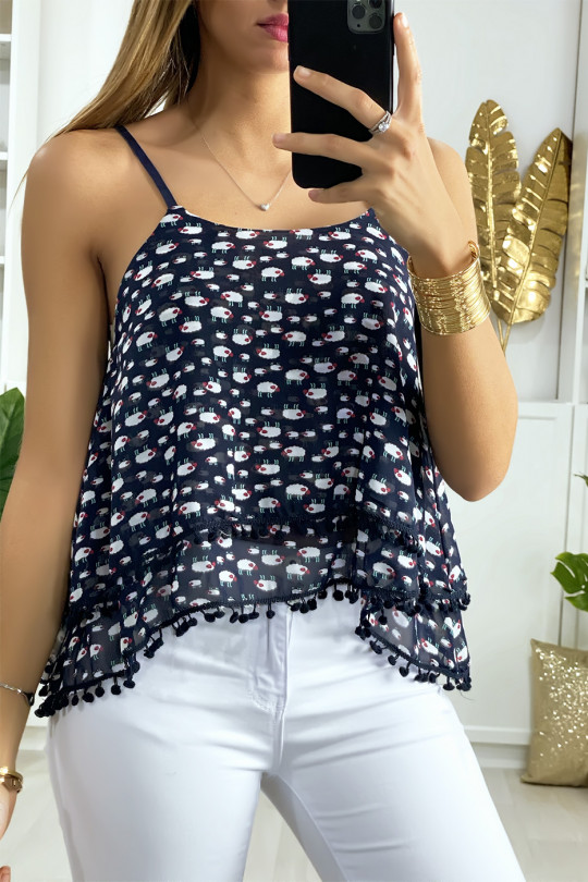 Navy ruffled tank top with pattern and mini pompom - 1