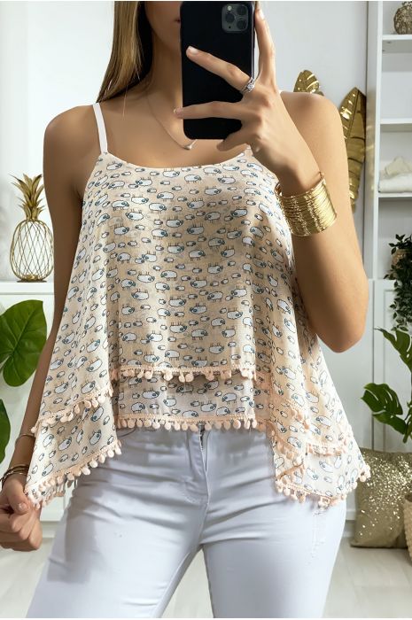 Débardeur rose à volant avec motif et mini pompon - 3