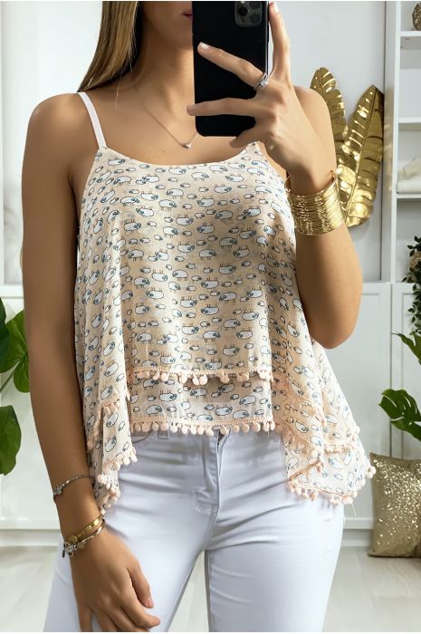 Débardeur rose à volant avec motif et mini pompon