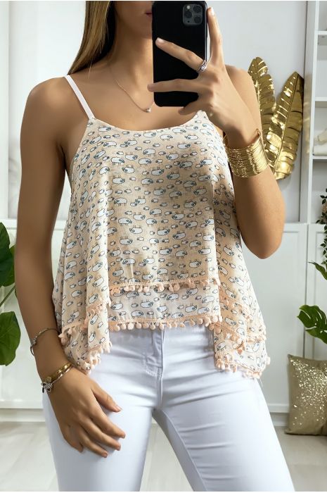 Roze tanktop met ruches, patroon en minipompon - 1