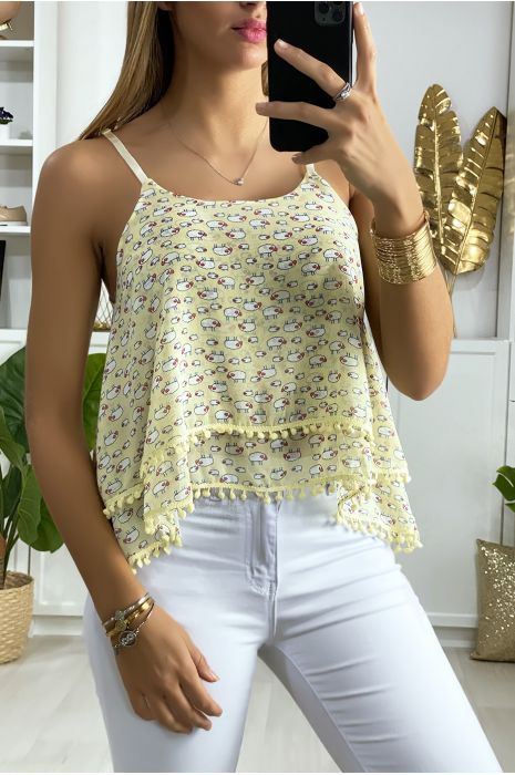 Yellow ruffled tank top with pattern and mini pompom - 1
