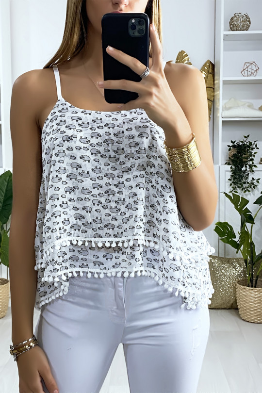 White ruffled tank top with pattern and mini pompom - 3