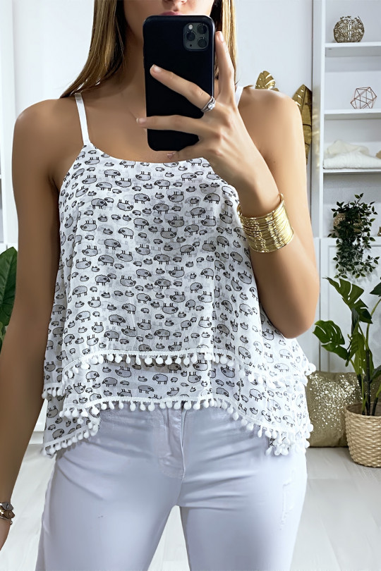 White ruffled tank top with pattern and mini pompom - 2