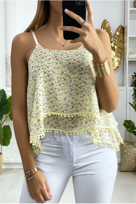 Yellow ruffled tank top with pattern and mini pompom - 2