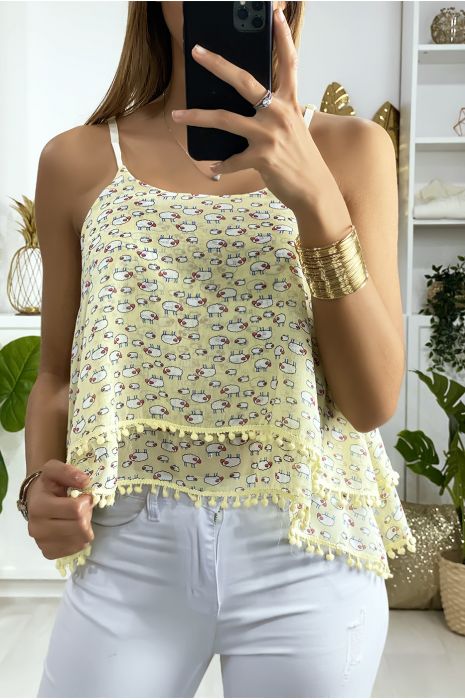 Yellow ruffled tank top with pattern and mini pompom - 3