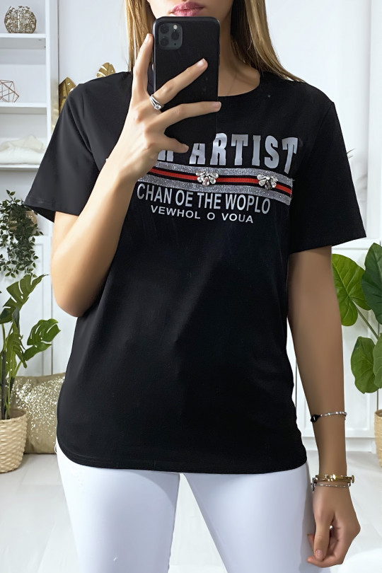 Zwart T-shirt met tekst en strass steentjes - 2
