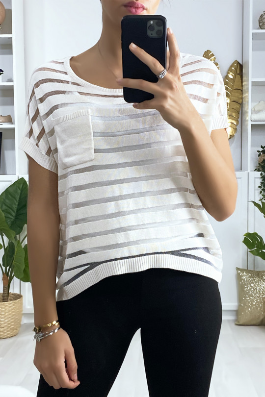 Semi transparent beige striped top with pocket - 2