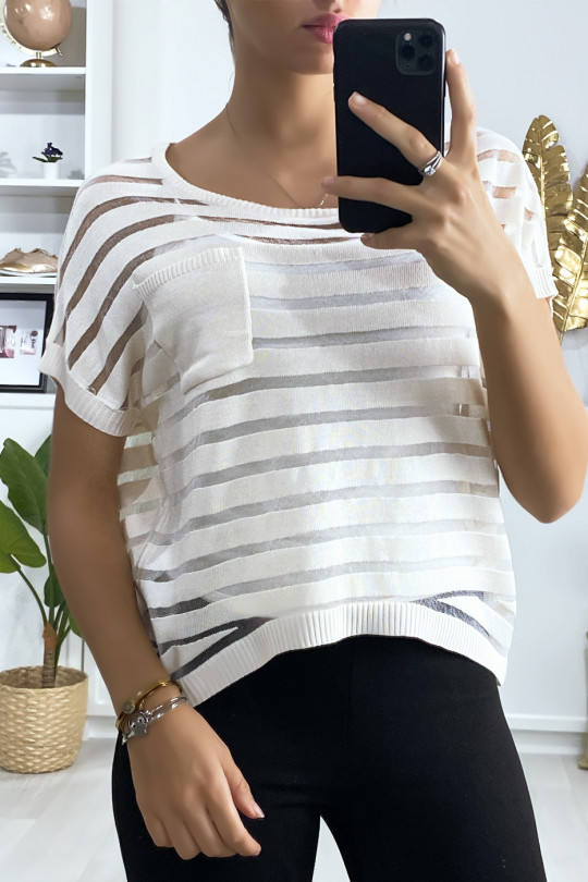 Semi transparent beige striped top with pocket - 1