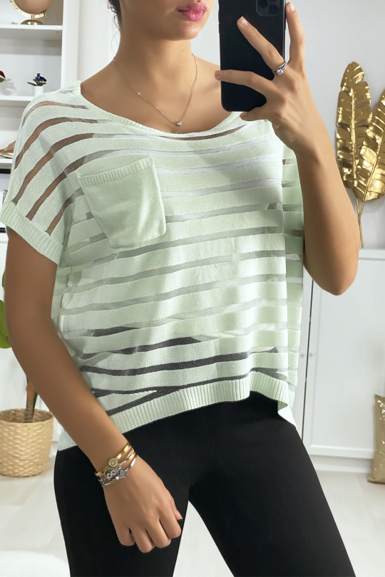 Semi transparent green striped top with pocket - 3
