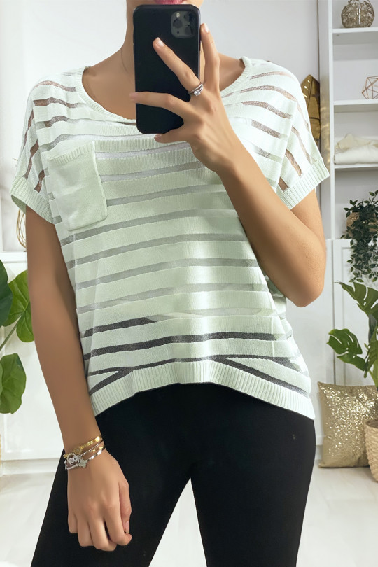 Semi transparent green striped top with pocket - 2