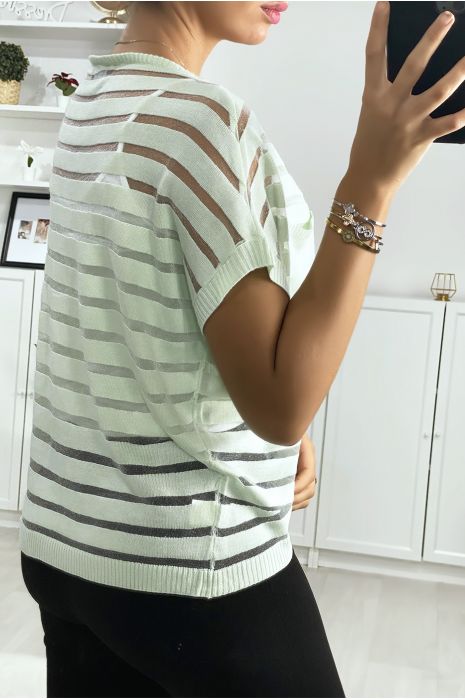 Semi transparent green striped top with pocket - 4