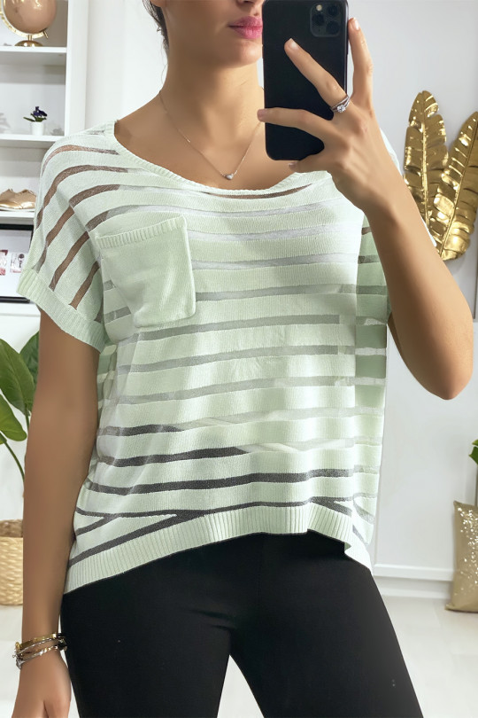Semi transparent green striped top with pocket - 1