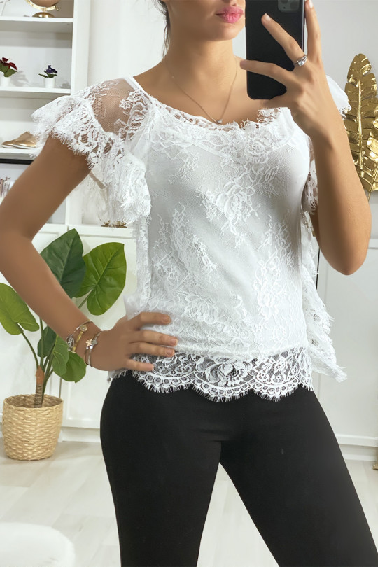 White lace top with ruffled sleeves - 2