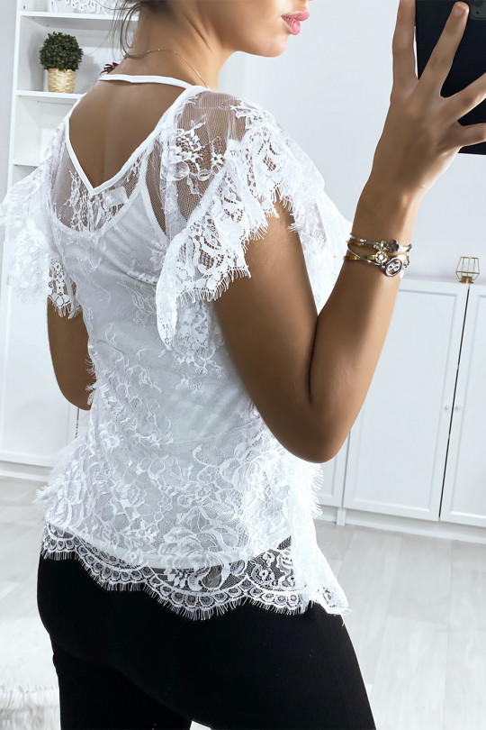 White lace top with ruffled sleeves - 5