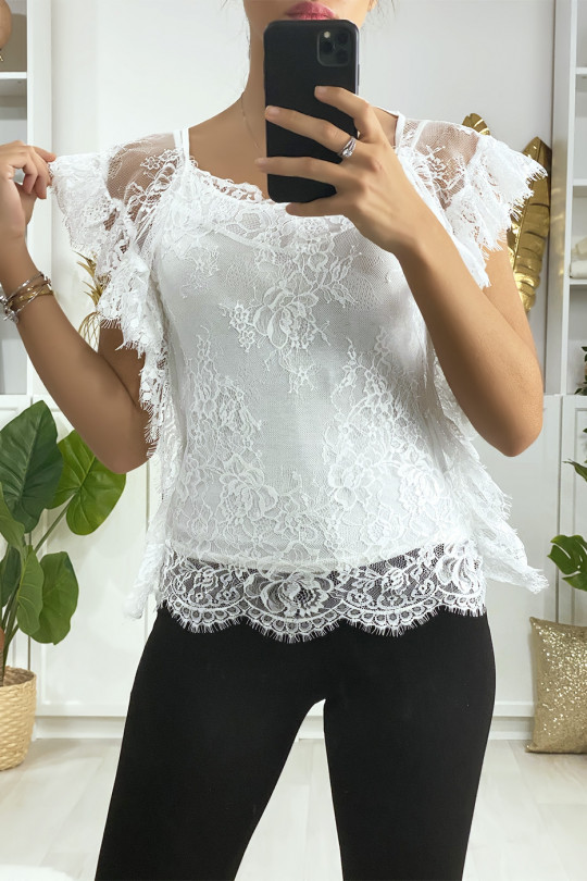 White lace top with ruffled sleeves - 3