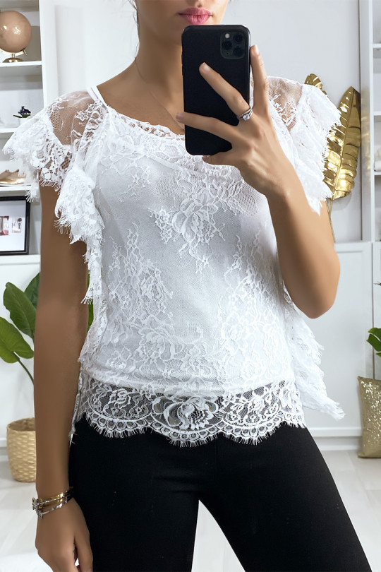 White lace top with ruffled sleeves - 1