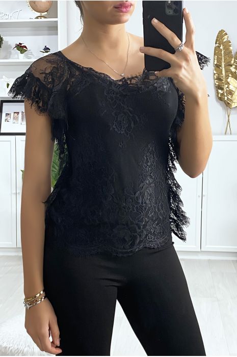 Black lace top with ruffle sleeves - 2